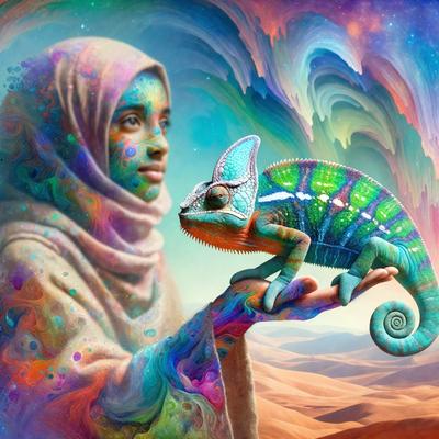 The primary subject of the image is a woman holding a green and blue chameleon. The setting is a desert-like environment, with a sandy surface visible in the background. The visual style of the image is a combination of photo and digital art, creating a unique and vibrant scene. The dominant colors in the image are green, blue, and orange, giving the scene a lively and energetic atmosphere.
